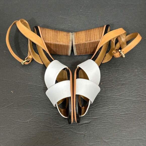 Coach Open Toe Heels Women's 9B White Brown Two Tone Crossover Ankle Strap - Picture 7 of 11